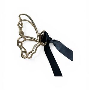 Elegant Gold Butterfly Hair Clip with Black Ribbon